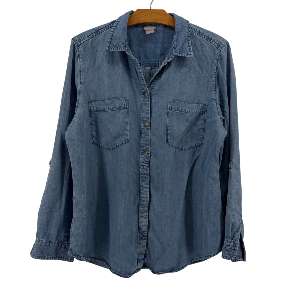 Chico's Blue Chambray Denim Button Down Shirt Women Size 2 L 12/14 Roll Tab